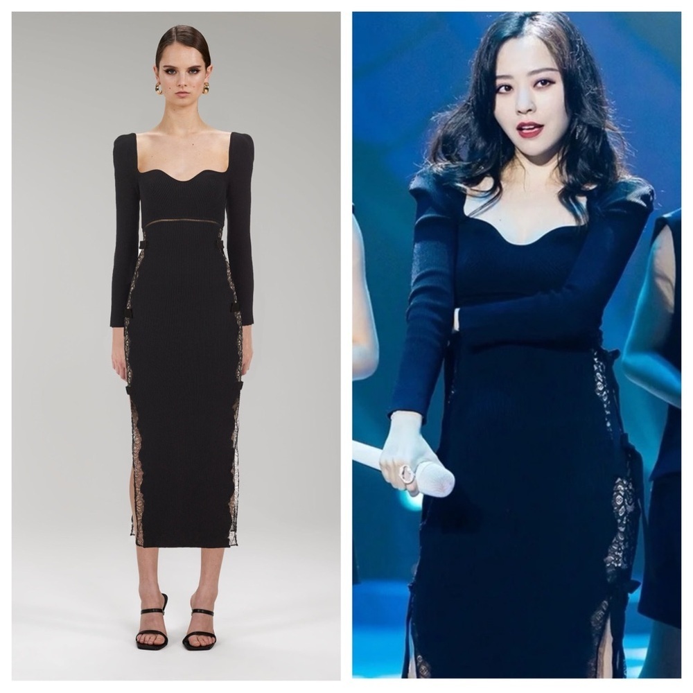 Self-portrait Black Knit Lace bodycon Midi Dress k-pop celebrity 38126